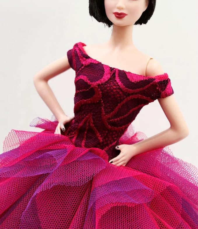 Cora Gu Handmade Classic Off Shoulder Fuchsia Rose Lace Dress Wedding Gowns Fit for 12" Fashion Doll & Doll's not Included - Image 2
